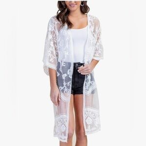 White Lace Sheer Embroidered Boho Tie Front Kimono Size Medium